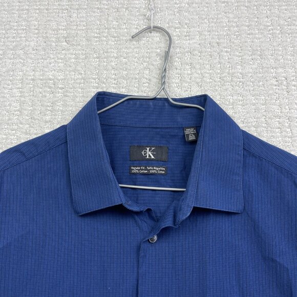Calvin Klein Shirt Mens 17 1/2 Blue Plaid Regular Preppy Dress Shirt long sleeve - Picture 2 of 15